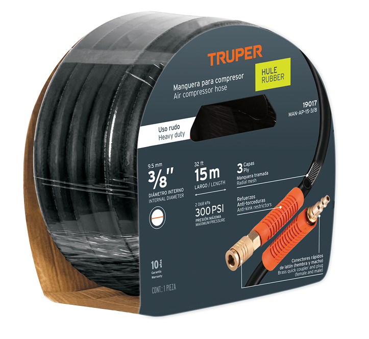 MANGUERA PARA AIRE, DE 3/8" X 15 m (50 ft), DE HULE, TRUPER