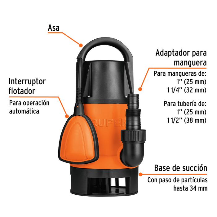 BOMBA SUMERGIBLE PARA AGUA SUCIA, 1.0 HP, 217 L/MIN, CUERPO DE PLASTICO, TRUPER