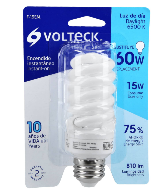 FOCO AHORRADOR MINI ESPIRAL, 15 W, LUZ DE DIA, VOLTECK