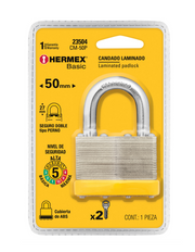Candado laminado HERMEX en empaque: arco de acero, base amarilla, 50 mm