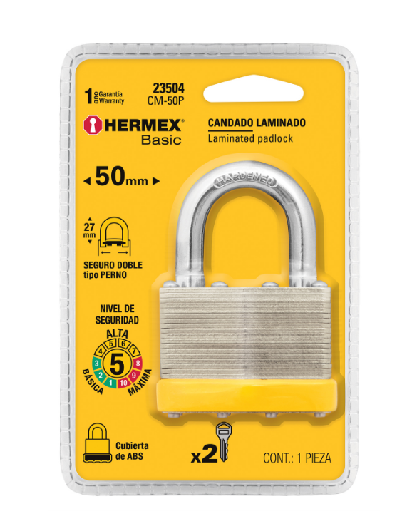 Candado laminado HERMEX en empaque: arco de acero, base amarilla, 50 mm