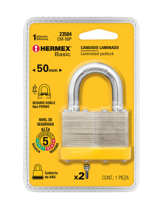 Candado laminado 50 mm en empaque amarillo, arco y cuerpo de acero.