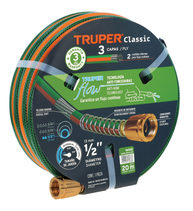 MANGUERA PARA JARDIN 1/2", 20 m, REFORZADA, 3 CAPAS, CONEX. DE LATON, "CLASSIC"
