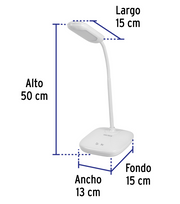 Lámpara de escritorio blanca Volteck con cuello flexible; mide 50 cm de alto y base de 13 × 15 cm.