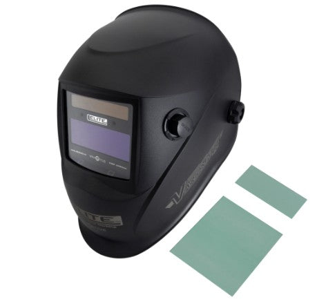 Careta de soldar electrónica negra con perilla lateral y display ELITE; incluye filtros