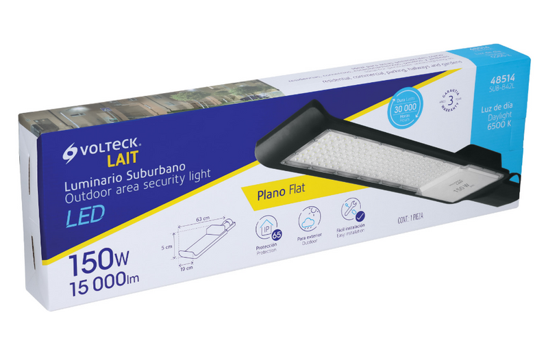 Caja de luminaria suburbana LED plana VOLTECK 150 W, con ilustración del foco