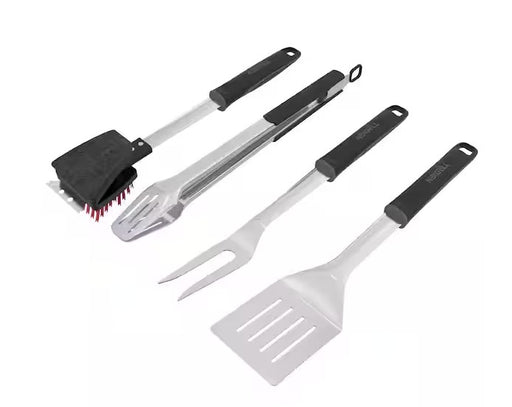 Juego de 4 utensilios para asador: cepillo, pinzas, espátula y tenedor, mango negro