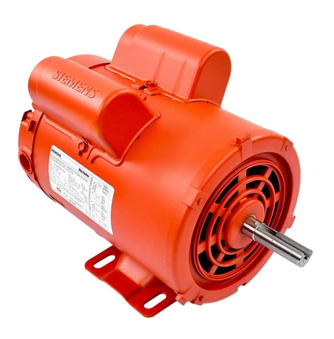 Motor eléctrico naranja con logotipo Siemens, rejilla frontal y eje metálico